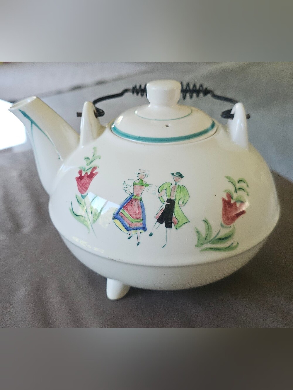 White Ceramic Teapot with Hand-Painted Folk Dance Motif